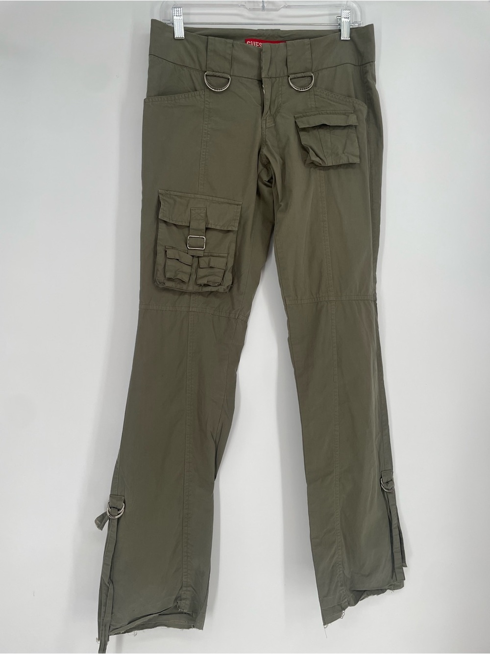 Y2K Olive Green Low Rise Guess Jeans Cargo Pants Straight Leg Pockets Metal